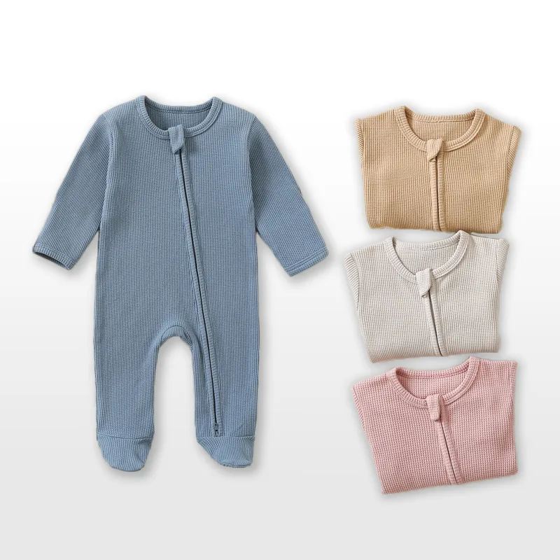 Organic Cotton Waffle Baby Romper with Zip Footies (0–12 Months)