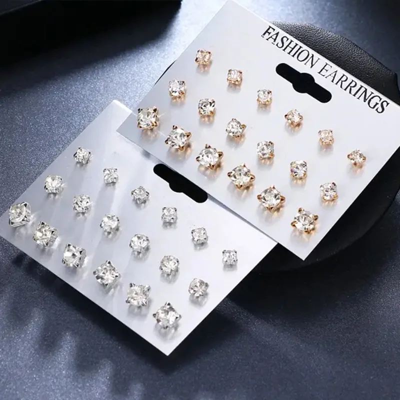 Stainless Steel Stud Earrings Set, 9 Pairs