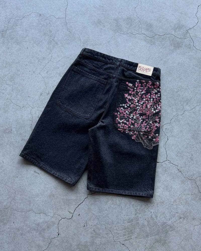 Men's Black Floral Denim Shorts