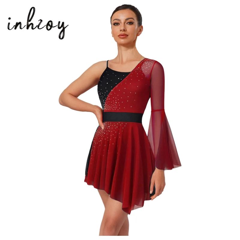 Women's Shiny Figure Skating Dress, Colour Block One-Sleeve