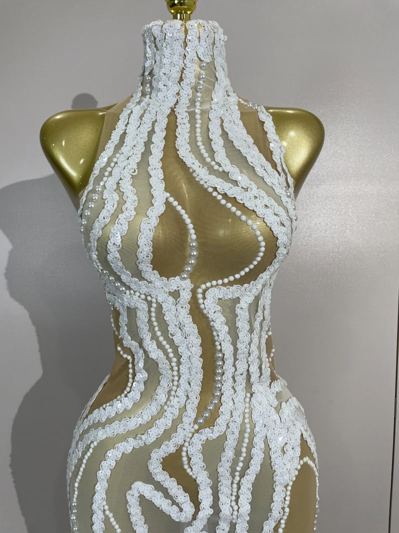 Sheer Mesh Long Dress with Pearls and Sequins