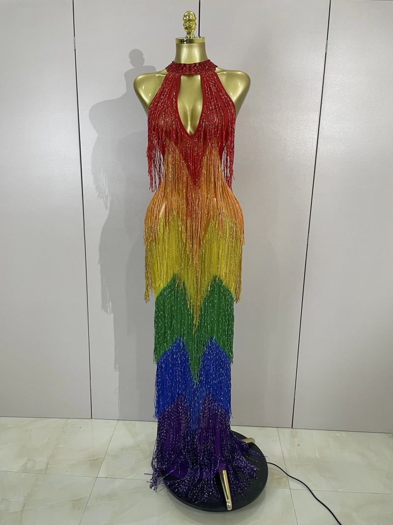 Sparkly Rainbow Gradient Mesh Long Dress