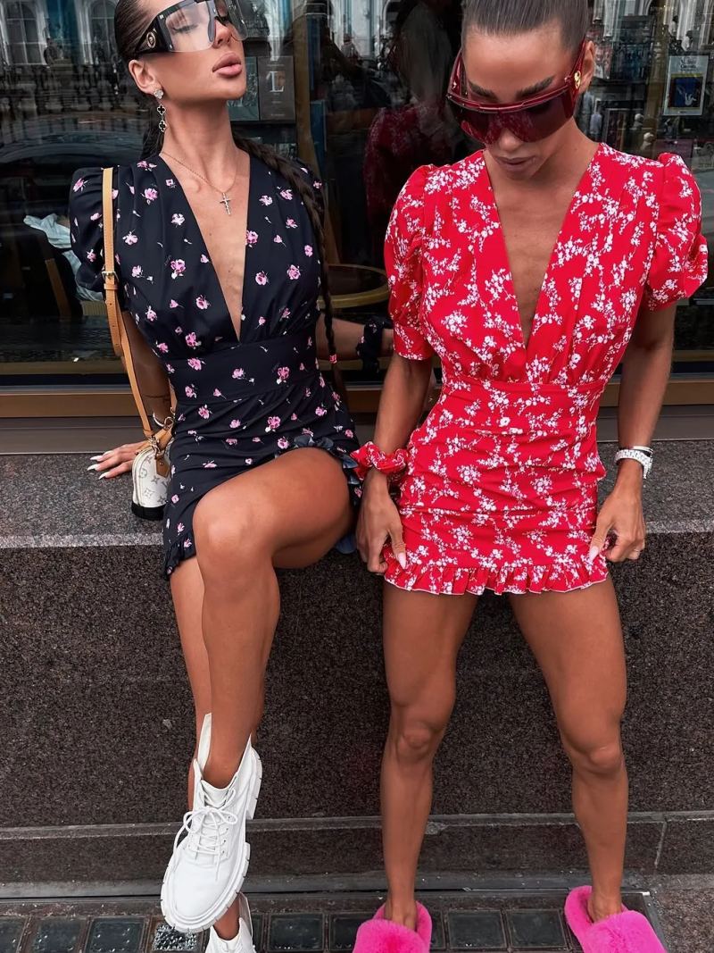 Puff Sleeve Printed Mini Dress
