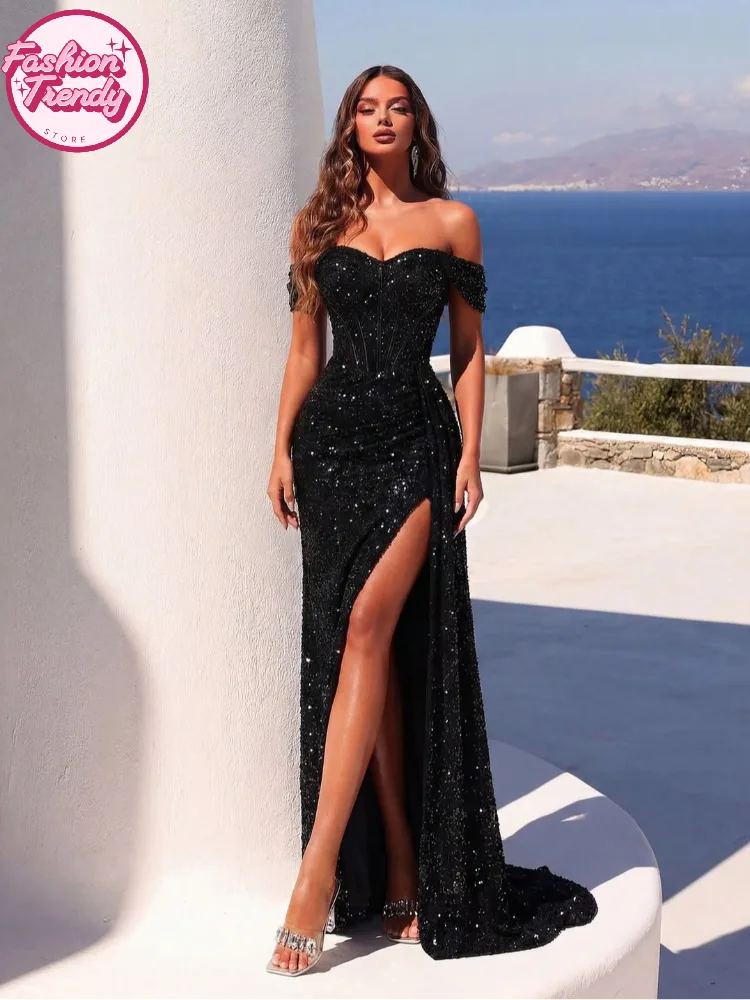 Sequin Off-Shoulder Evening Gown