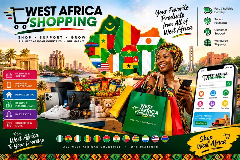 West Africa Shopping banner: a smiling woman in a colourful headwrap holding shopping bags beside a map of West Africa made of national flags, with phones, laptops, sneakers, handbags, beauty products and groceries. Category labels read Fashion & Apparel, Phone & Electronics, Home & Living, Beauty & Personal Care, Baby & Kids and Groceries; side notes promise fast delivery, secure payments, customer support and worldwide shipping. Tagline: From West Africa to your doorstep.