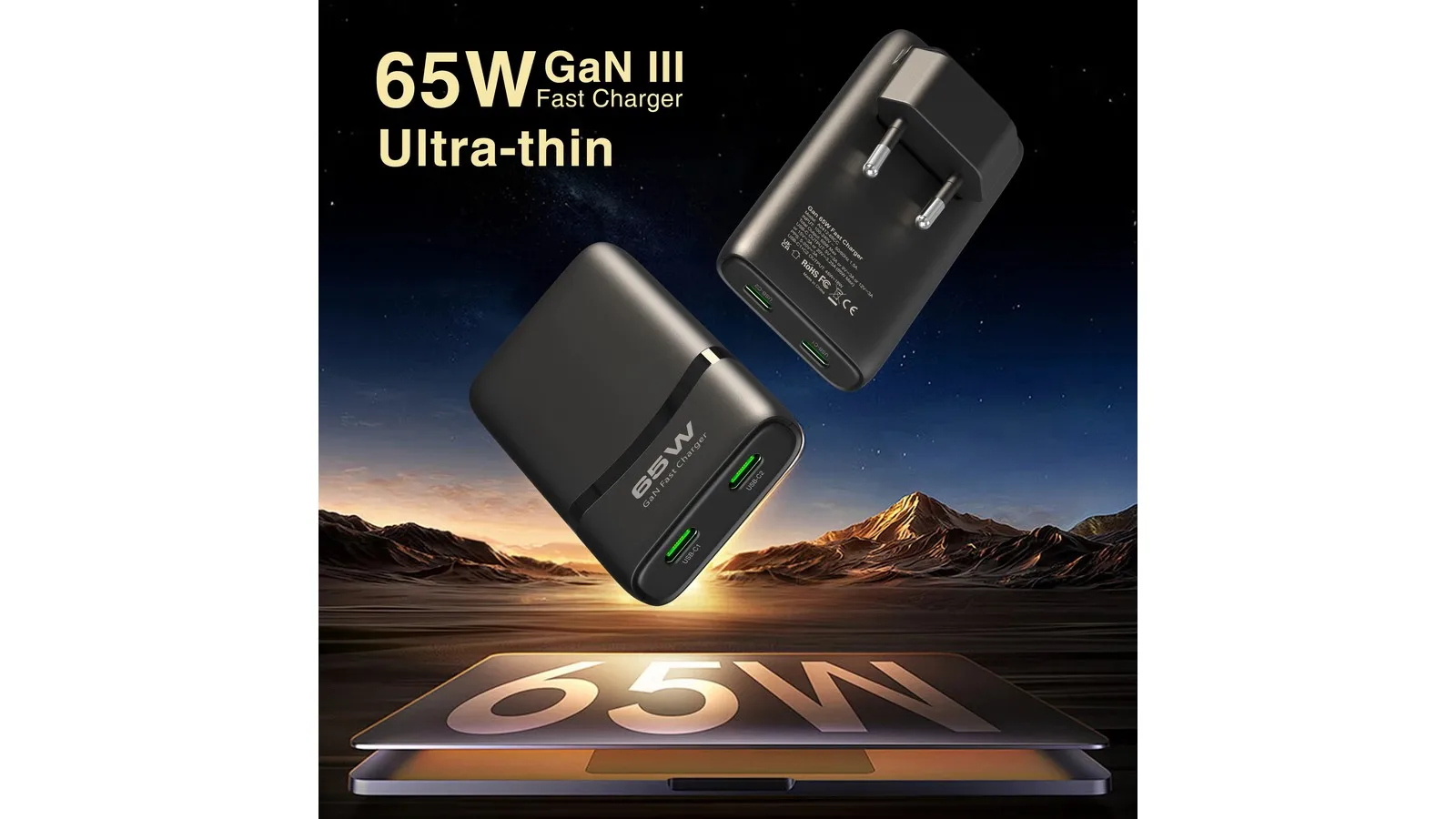 65W Flat GaN Dual-port USB C Charger