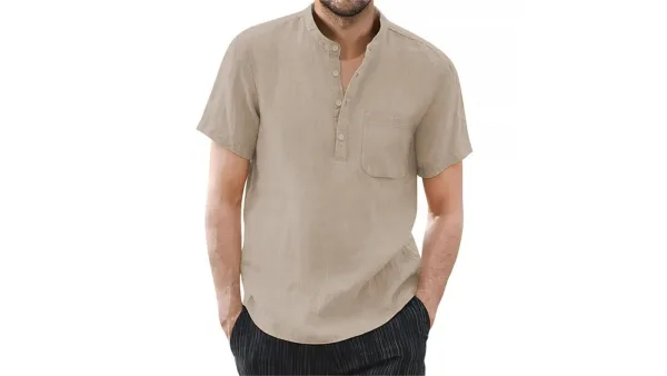 Men's Cotton Linen Short Sleeve Shirt, Casual